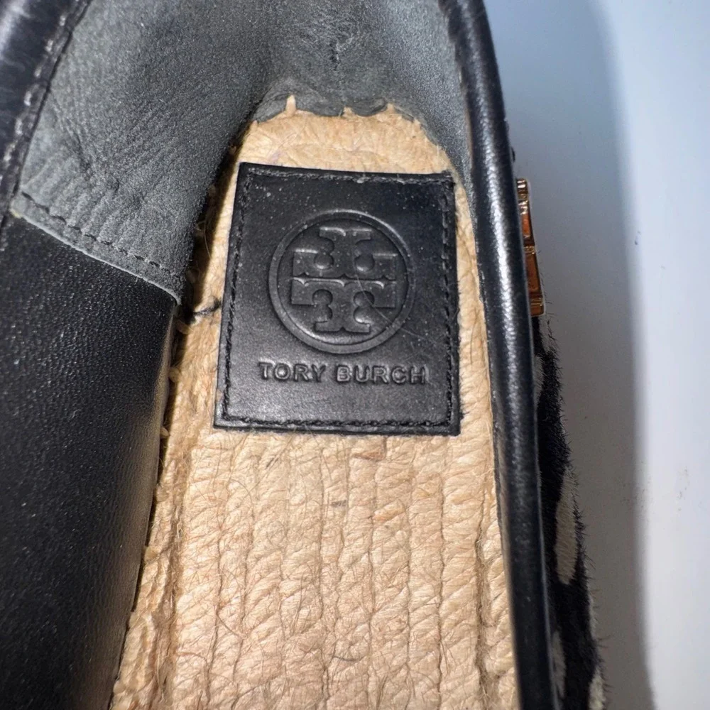 Tory‎ Burch Espadrille Flats Womens 8.5 Black Cream Animal Print Calf Hair Logo